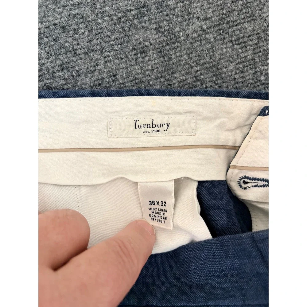 Turnbury Mens Blue 100% Linen Pleated Cuffed Dress Pants Trousers 36x32 NEW